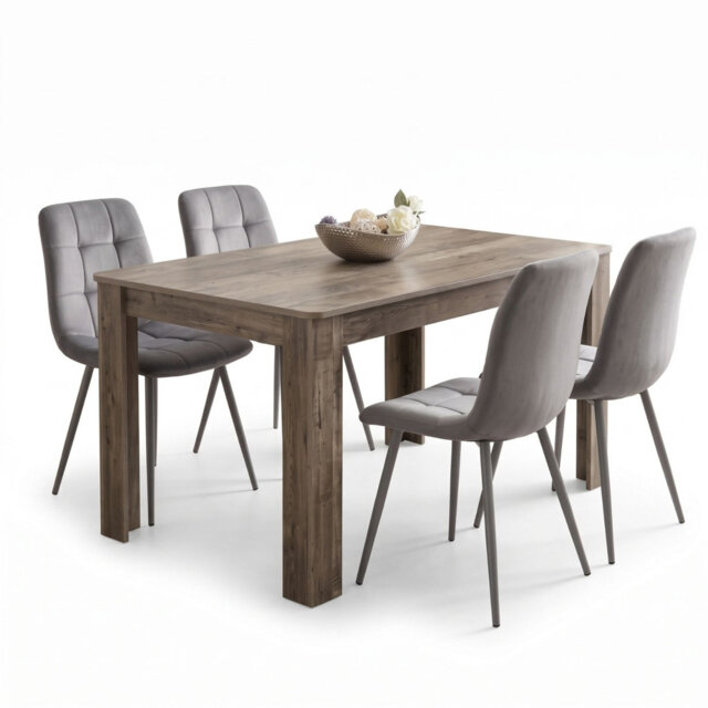 Modern Dining Set with Rustic Table and 4 Grey Velvet Chairs 4 Seater Set for Kitchen