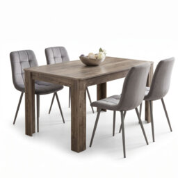 Modern Dining Set with Rustic Table and 4 Grey Velvet Chairs 4 Seater Set for Kitchen