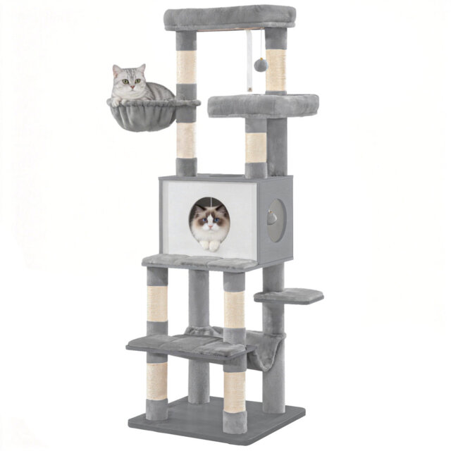166 cm Wooden Cat Tree, Large Modern Cat Tower for Indoor Cats with 8 Scratching Posts, Removable Washable Mat, 2 Platforms, Cave, Basket, Hammock, Po