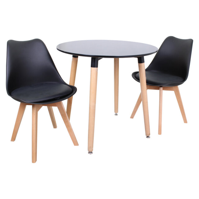 Todmorden 2 Person Dining set - a Round Plastic Dining Table with Wooden Legs and a Set of 2 Faux Leather Cushion Padded Dining Chairs for Dining Room