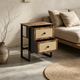 Industrial Style Bedside Table with 2 Drawers and Woven Front Panels, Steel Frame, Rustic Brown, 50 cm W x 30 cm D x 60 cm H