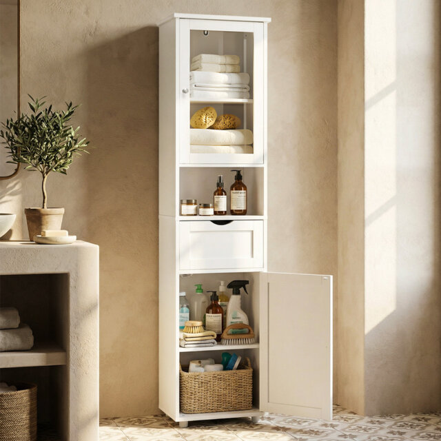Narrow Tall Bathroom Cabinet, Freestanding Storage Cupboard with Glass Door & Adjustable Shelves for Toilet/En Suite