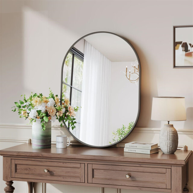Oval wall mirror with aluminum frame, decorative HD wall mirror, make-up mirror for bathroom/dressing room/living room, unbreakable mirror