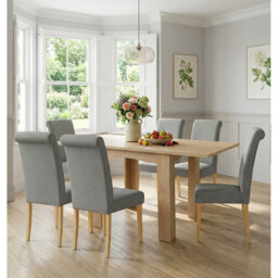 Newquay Oak Flip Top Extending Table With Oak Chair With Steel Grey Fabric Roll Top Chairs