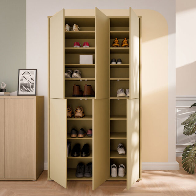 Modern minimalistic shoe cabinet with 6 doors, entryway cabinet, engineered wood, butter yellow, 109.2 cm W x 191.9 cm H x 34.9 cm D
