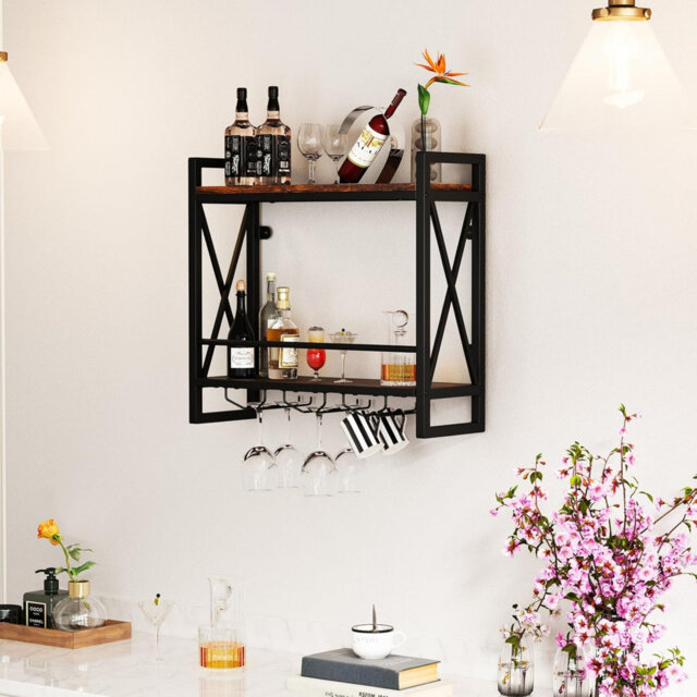 Wall Mount Metal Wine Storage Rack, Kitchen Bar Display, Brown