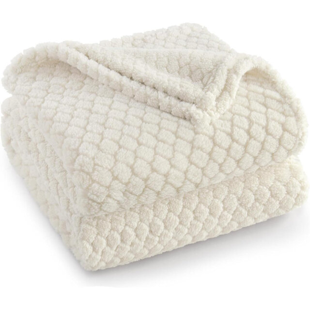 Fleece Throw Blanket For Couch, Super Soft Jacquard Bed Blanket, Lightweight Fuzzy Warm For All Seasons, 127X152 CM, Ivory