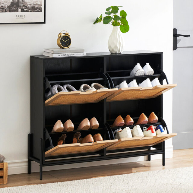 4-Drawer Freestanding Farmhouse Rattan Shoe Storage Cabinet with Metal Legs, Shoe Organizer for Entryway and Hallway