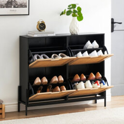 4-Drawer Freestanding Farmhouse Rattan Shoe Storage Cabinet with Metal Legs, Shoe Organizer for Entryway and Hallway