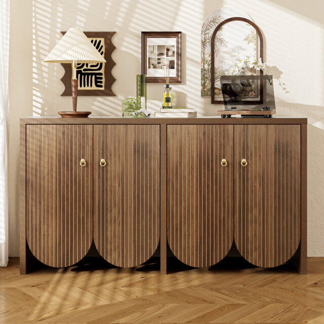 Elegant Sideboard in Walnut Look – Versatile 147×40×80 cm Storage Cabinet with 4 Doors, Adjustable Shelves & Modern Aluminum Handles for Living Room,