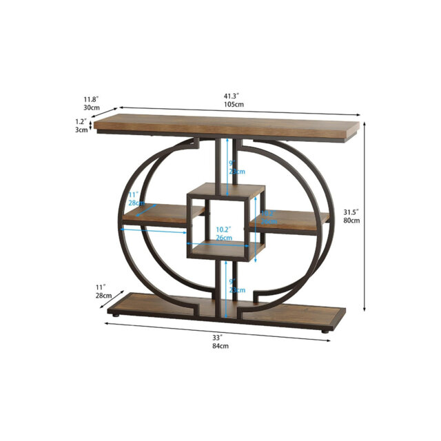 Console Table for Hallway 4-Tier Rustic Sofa Table with Circle Metal Base for Living Room Foyer