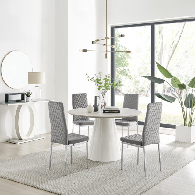 Edzard Statement 4 Person Round Dining Table Set in Luxury Stone Effect - Velvet Dining Chairs
