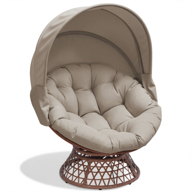 Outdoor Papasan Chair With Canopy, Wicker Rattan Egg Moon Chair With Cushion, 360° Swivel Patio Lounge Chair For Garden, Backyard, Balcony