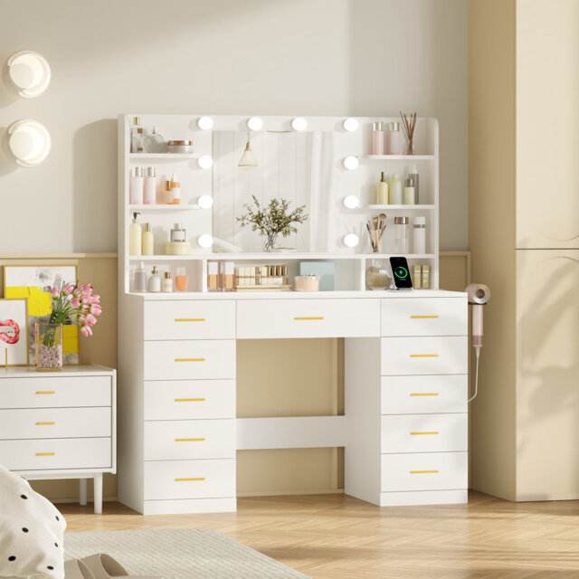 Elowen 110cm Dressing Table with 11 Drawers, Sockets and Hair Dryer Rack, Usb Sorts, Led Mirror