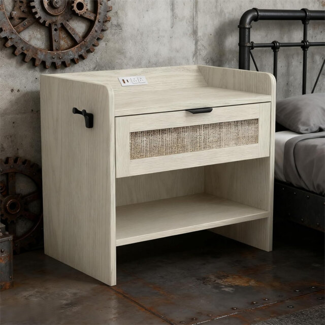 Boho Nightstand with Charging Station (1 Type-C, 1 USB, 2 Outlets), Sturdy Side End Table with Storage, Easy Assembly for Bedroom Living Room
