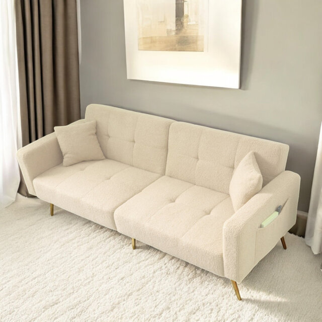 Bosco Sofa Bed Adjustable Backrest Angles With Gold Legs, Cushions And Side Storage Pockets