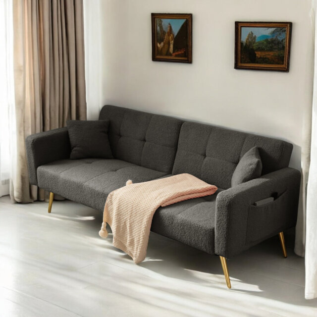 Sofa Bed Adjustable Backrest Angles With Gold Legs, Cushions And Side Storage Pockets