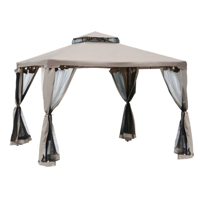 295cm x 295cm Outdoor Patio Gazebo with 2-Tier Polyester Canopy, Mosquito Netting, and Powder-Coated Steel Frame in Taupe, Ideal for Backyard Parties