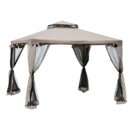 295cm x 295cm Outdoor Patio Gazebo with 2-Tier Polyester Canopy, Mosquito Netting, and Powder-Coated Steel Frame in Taupe, Ideal for Backyard Parties