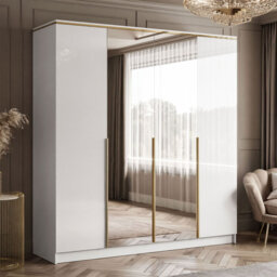 AURORA 4D white gloss Wardrobe with mirror, Gold Chrome Handles