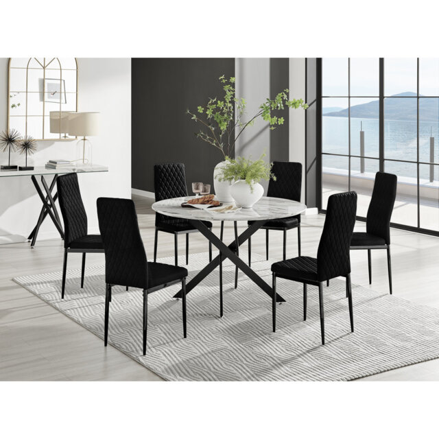 Tierra Modern Chrome Metal & Marble Effect Round Dining Table Set with 6 Quilted Velvet Dining Chairs