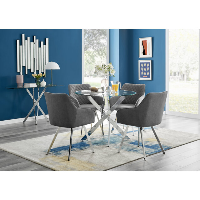 Tierra Modern Chrome Metal & Glass Round Dining Table Set with 4 Luxury Upholstered Fabric Chairs