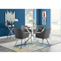 Tierra Modern Chrome Metal & Glass Round Dining Table Set with 4 Luxury Upholstered Fabric Chairs
