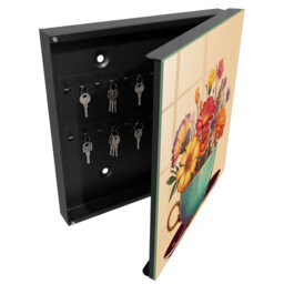 Key storage box, Opens to the right, 30x30x5, White, Flowers in a turquoise cup on a beige background,