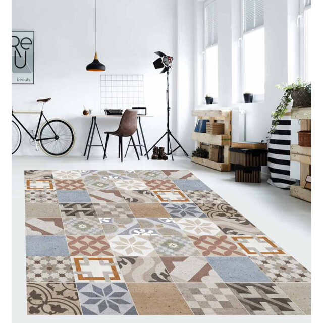 Vinyl Floor Mat for Home, hydraulic style, non-slip PVC,  vintage tiles 3   66x250 cm