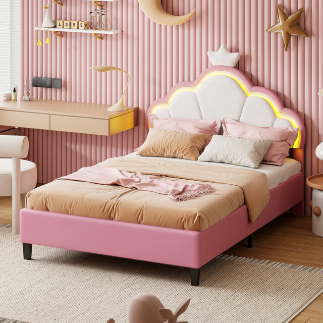 Pink Upholstered Bed with LED Strip Lighting, Velvet