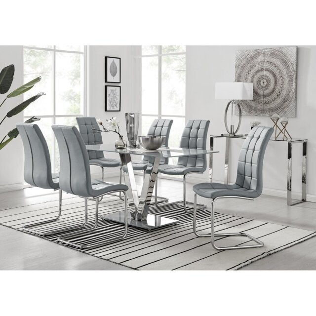 Ransart Modern Luxury Glass & Metal Dining Table Set With 6 Modern Faux Leather Dining Chairs