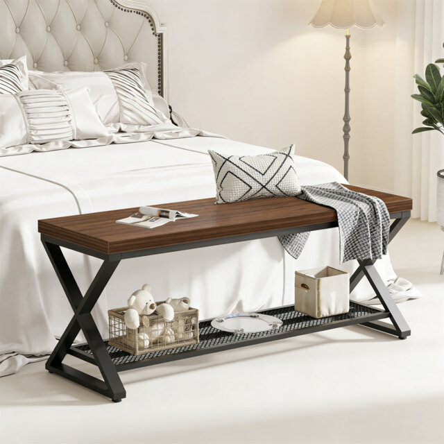 Industrial Entryway Bench With Storage, Wood & Metal Accent Bench, Shoe Rack Seating For Hallway, Foyer, Living Room, Bedroom
