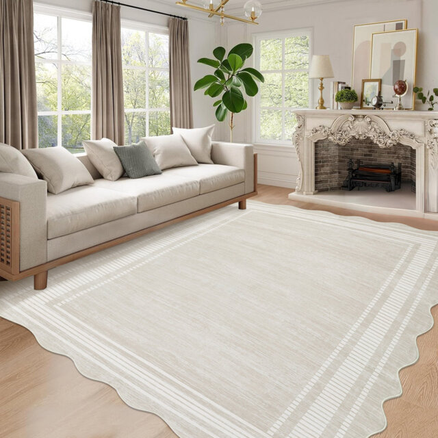 Washable Rugs with Wavy Edge, Low-Pile for Bedroom Dining Nursery