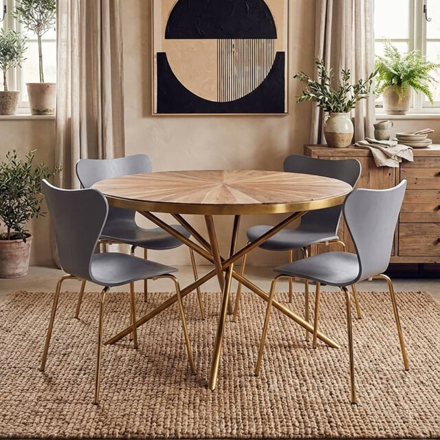 Round Solid Wood Top Metal Base Dining Table