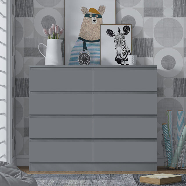 FWStyle Derck 8 Drawer Wide 4+4 Chest Of Drawers - Matt Dark Grey