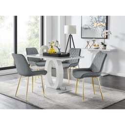 Scottsmoor Modern High Gloss & Glass Dining Set - 4 Luxury Velvet Mid-Century Upholstered Chairs