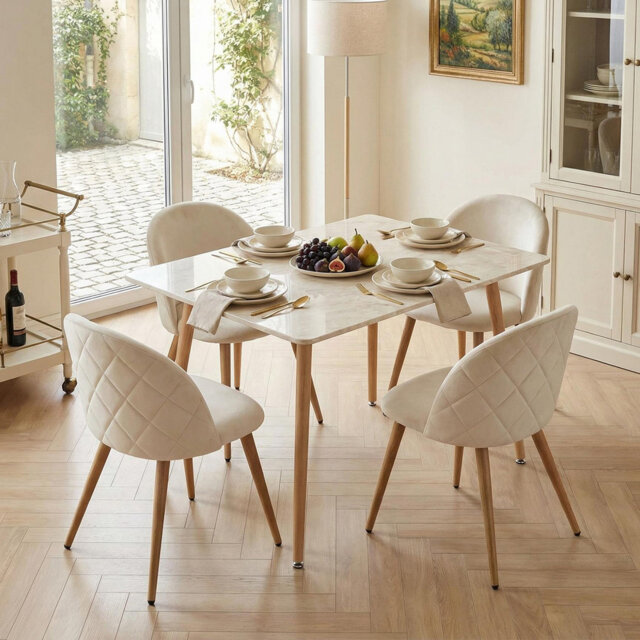 Set of 4 Dining Chairs, Modern Scandinavian Style, Diamond Pattern Backrest, Oak Effect Legs, Green Velvet