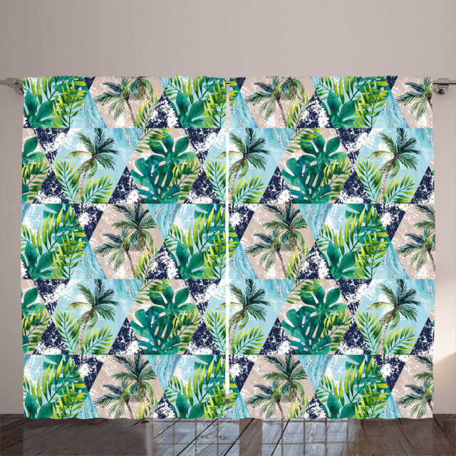 Rustic curtain, aloha-themed palm art, Hawaiian vibes, seafoam fern green twilight