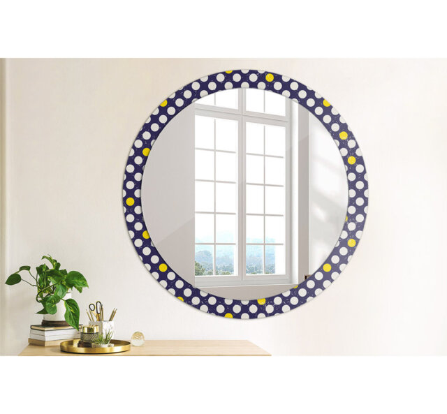 Huldar Round Glass Framed Wall Mounted Accent Mirror in Dark Blue/White/Yellow