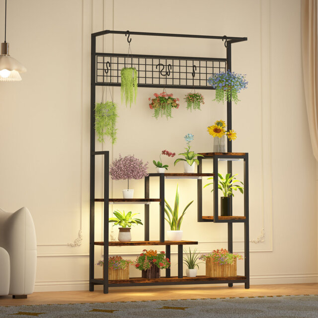 7-Tier Metal Tall Hanging Plant Stand with Grow Light, Multi-Tier Flower Pot Organizer & Display Rack for Indoor Living Room Balcony
