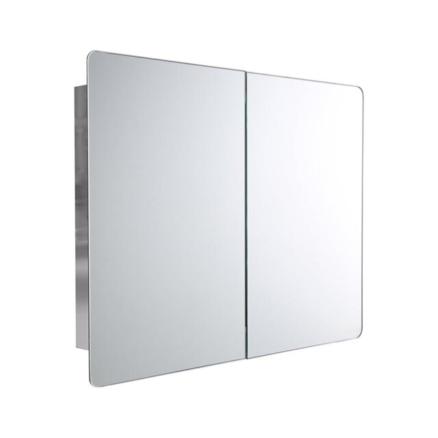 iBathUK Malmo Wall Mounted Stainless Steel Bathroom Mirror Cabinet, Modern Double Door Storage Unit with 3 Shelves, 600 x 800mm
