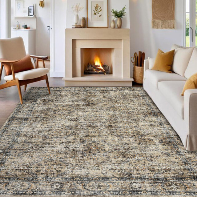 Vintage Area Rug with TPR Backing, Low Pile Soft Polyester Rug for Bedroom,Hallway & Dining Room