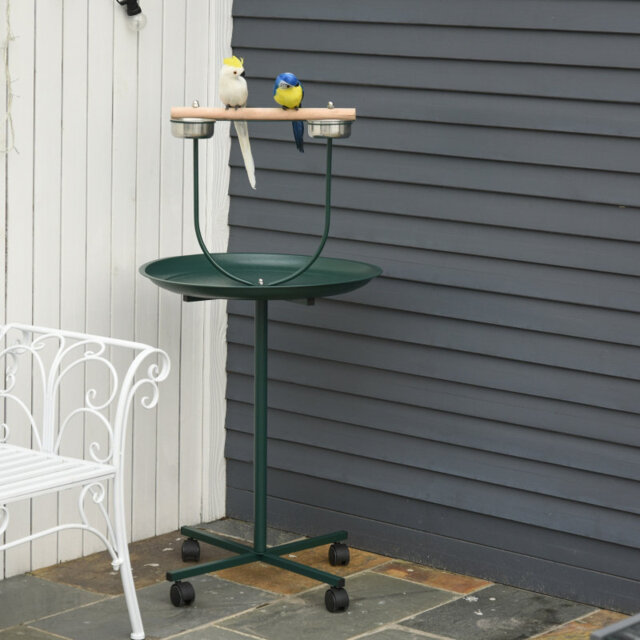 Aviary Four-Wheel Bird Perch Stand with Feeding Bowls Crafted from Stainless Steel and Fir Wood.