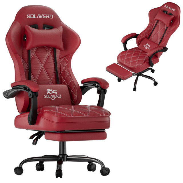 Ergonomic Gaming Chair with Massage Lumbar Pillow & Footrest, Linkage Armrest Reclining Office Chair, Breathable PVC Leather Computer Desk Chair, Mult