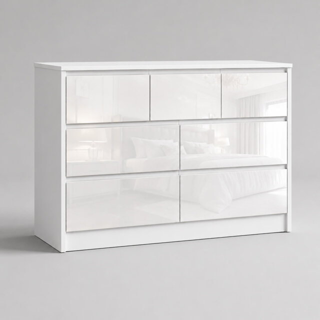 LUXURY White High Gloss Chest of Drawers, 7 Drawer Handleless Cabinet
