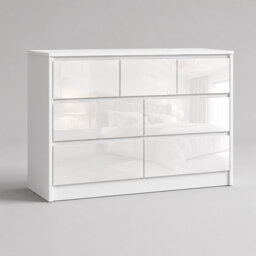 LUXURY White High Gloss Chest of Drawers, 7 Drawer Handleless Cabinet