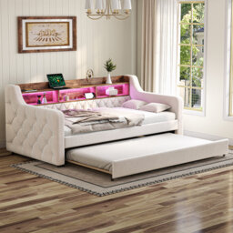 3ft Daybed With Led, Usb And Trundle Bed Velvet Beige