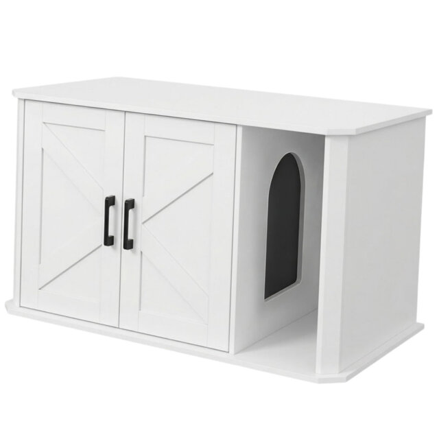 Hidden Cat Litter Box Enclosure Furniture, Wooden Cat Washroom Cabinet with Double Doors & Side Entry, Modern Pet House End Table