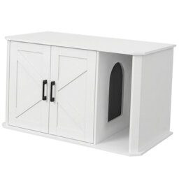 Hidden Cat Litter Box Enclosure Furniture, Wooden Cat Washroom Cabinet with Double Doors & Side Entry, Modern Pet House End Table