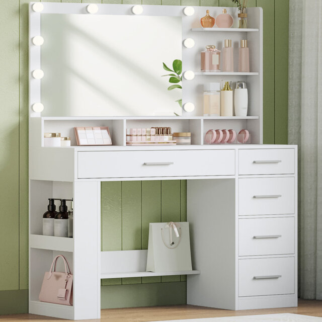 Dressing Table with Large HD Mirror and LED Lighting, Vanity Desk for Bedroom, Makeup Vanity with 5 Drawers, Open Compartments and Side Open Storage,